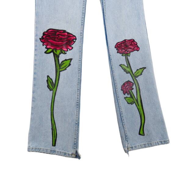 Y2k Vintage LEI Reworked Hand Painted Floral High Rise Straight Leg Jeans 26" - Picture 5 of 9